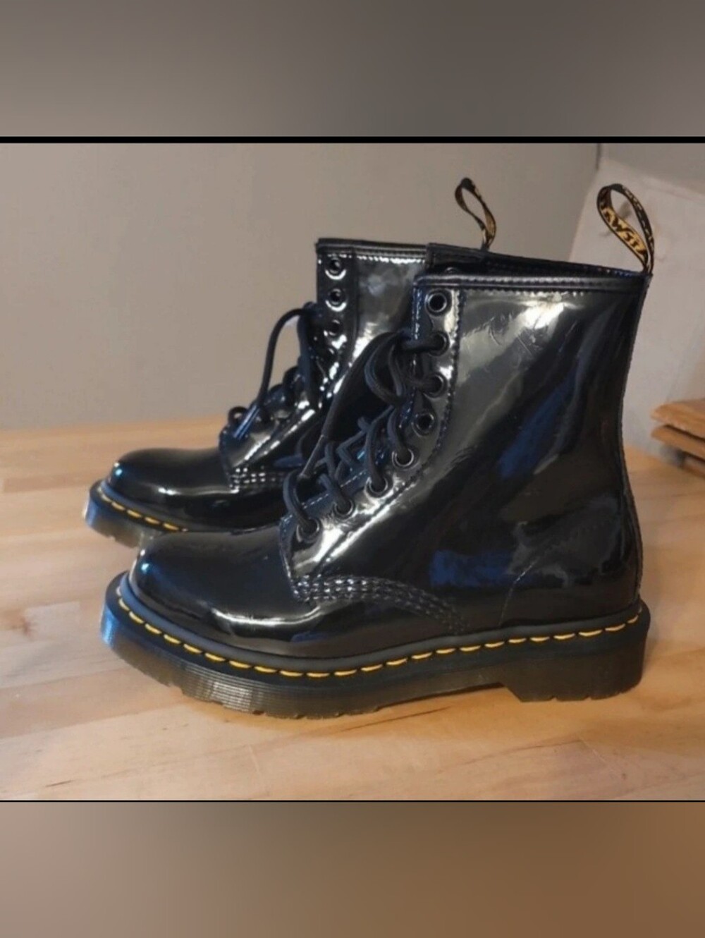Dr. Martens Black Patent 8-Eye Lace-Up Boots with Yellow Stitching